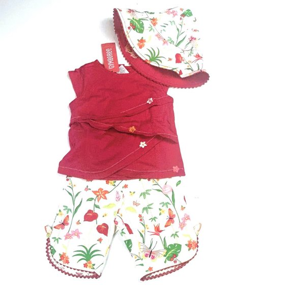 NWT Gymboree Girl Paradise Print Capri, Embroidered Hibiscus Top & Hat 12-18 Mon - Picture 1 of 12